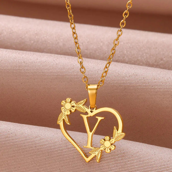 Personalisierte Herz-Kette mit Blumen & Initialen